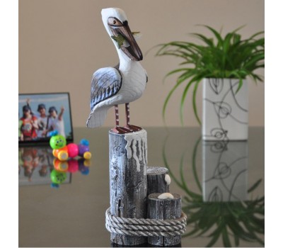 Декоративный Пеликан с рыбой, морской декор  37см, дерево